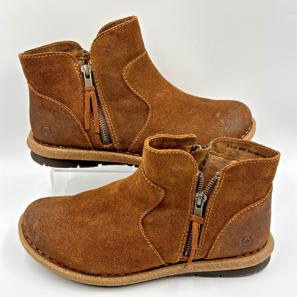 Born Thia Boots Women's 8.5 M Brown Leather Distressed Ankle Booties Double Zip